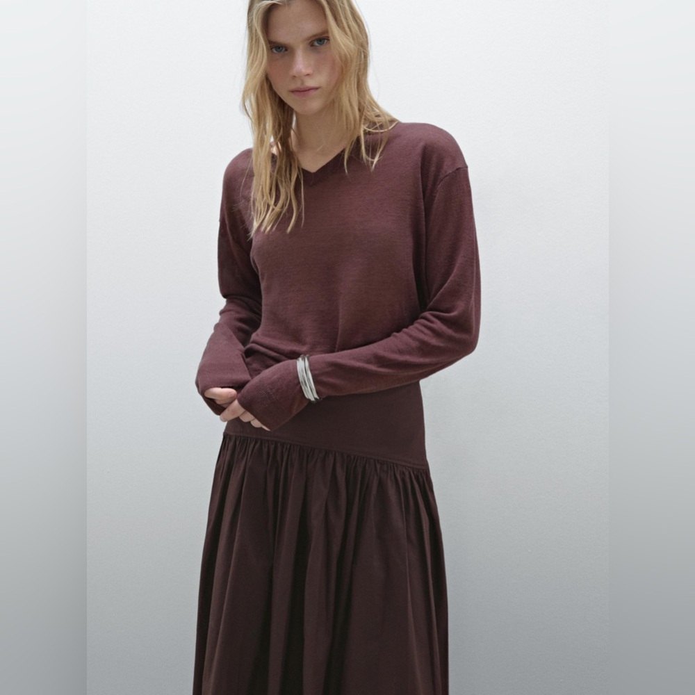 Massimo Dutti Skirt w Yoke Detail | Chocolate 100% Cotton Midi. Quiet Luxury NWT - Picture 5 of 12